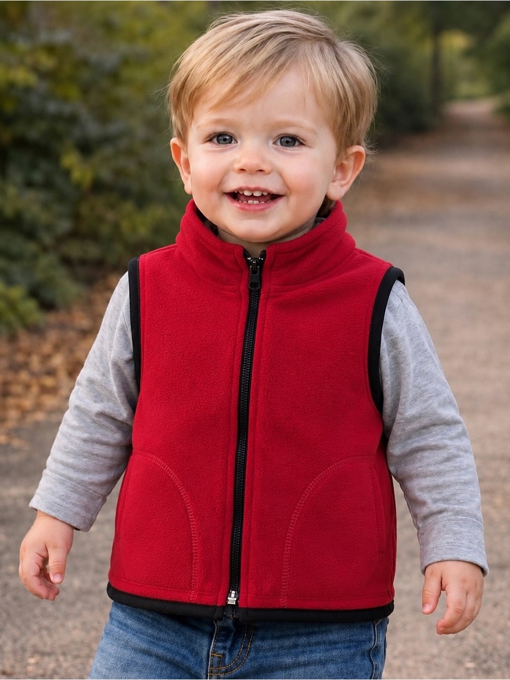 MAX GREY For Kids • Red Fleece Vest with Zip & Pockets 18-24 Months
